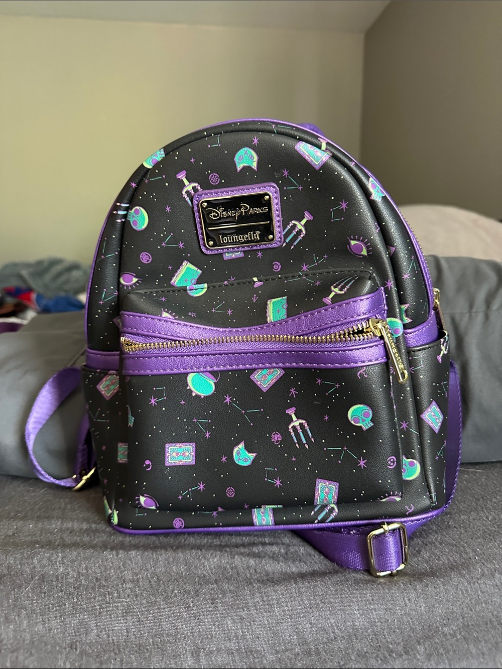 Loungefly Black Mini Backpack with Purple & Teal Space Print